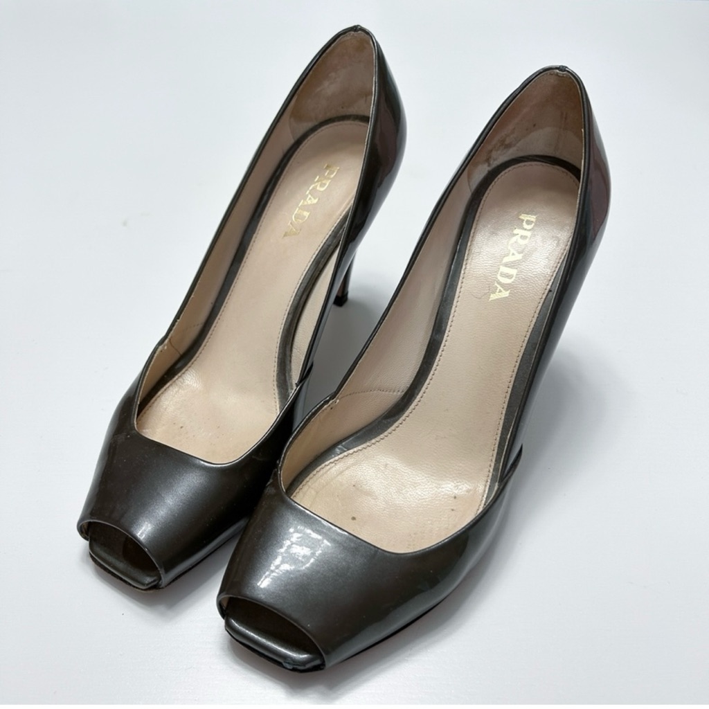Prada Green Patent Leather Open Peep Toe Pumps High Heel Shoes Size Eu 39